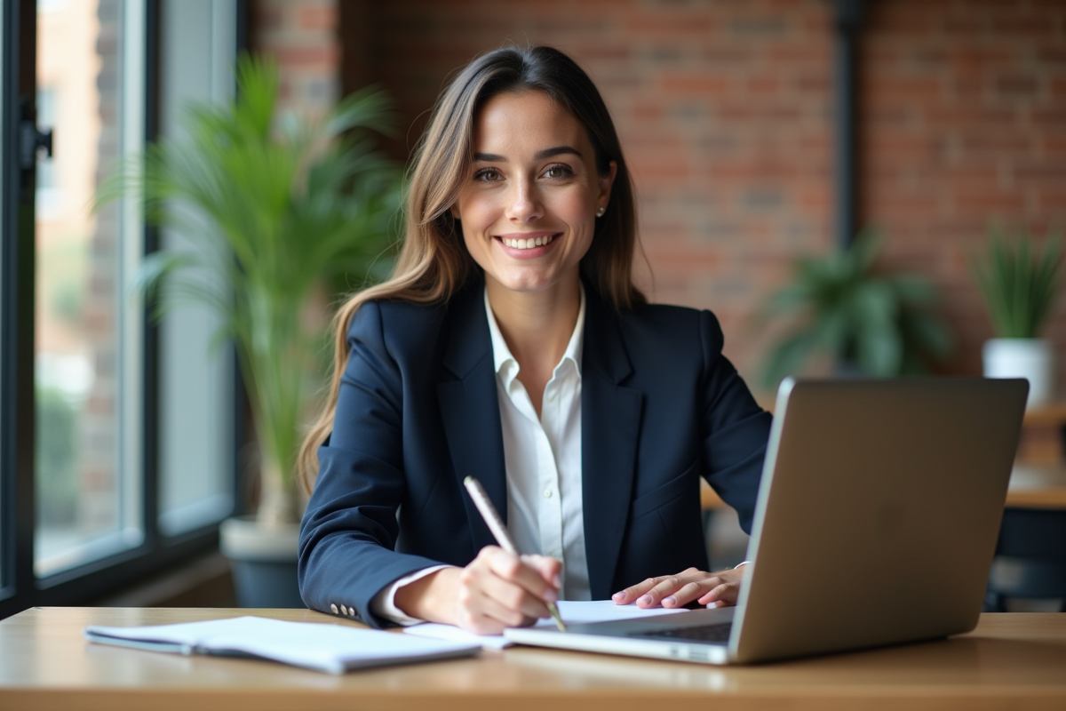 Femme confiante en bureau moderne avec ordinateur et plantes