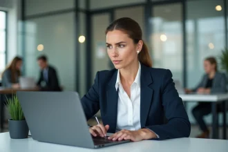 Femme professionnelle rédigeant un e-mail de fin de message sur un ordinateur portable dans un bureau moderne