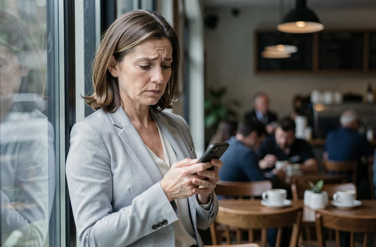 Femme vérifiant son téléphone dans un café avec discrétion, illustrant la prudence dans les rencontres en ligne et la protection des données personnelles