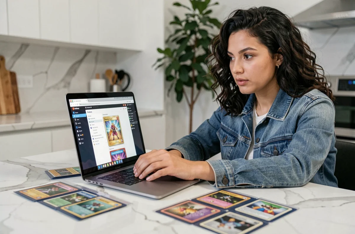Femme recherchant des cartes Pokémon manquantes sur un site de trading en ligne pour finaliser sa collection