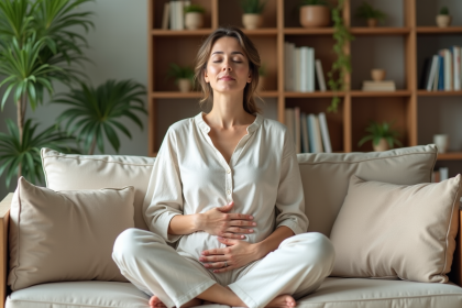 Femme détendue assise sur un canapé beige dans un salon calme