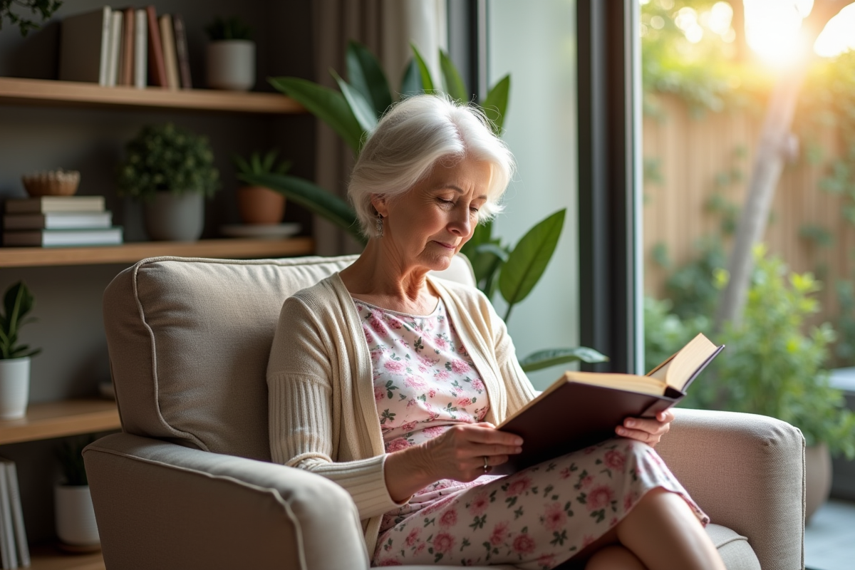 Femme de 60 ans lisant dans un salon lumineux