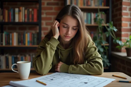 Jeune femme concentrée cherchant une solution à une énigme de Rooms and Exit sur des feuilles imprimées à une table en bois