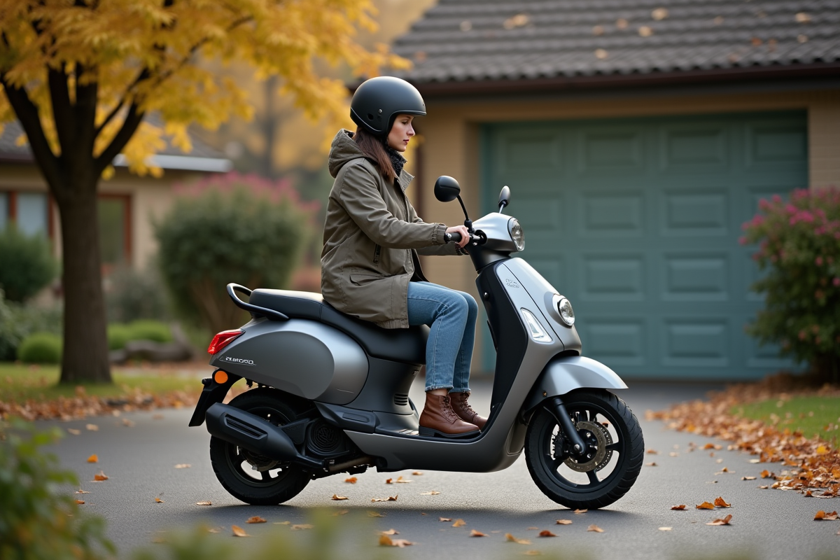 Femme avec scooter dans jardin résidentiel calme