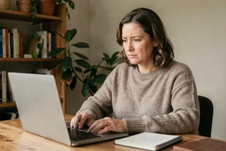 Femme consultant ses annonces de rencontre en ligne depuis son bureau à domicile, protégeant sa vie privée avec attention