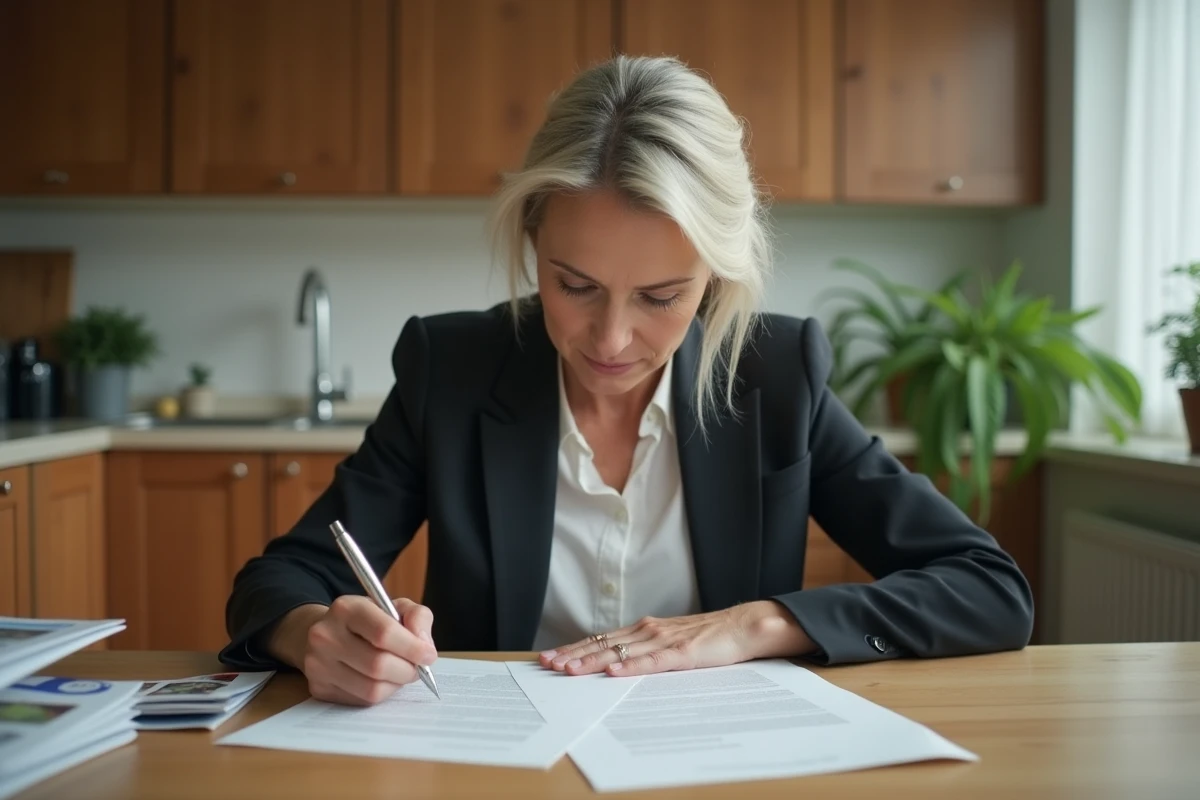 Femme d affaires signant une lettre dans une cuisine moderne