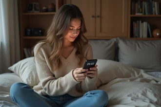 Femme assise sur un lit regardant son smartphone avec 22h22