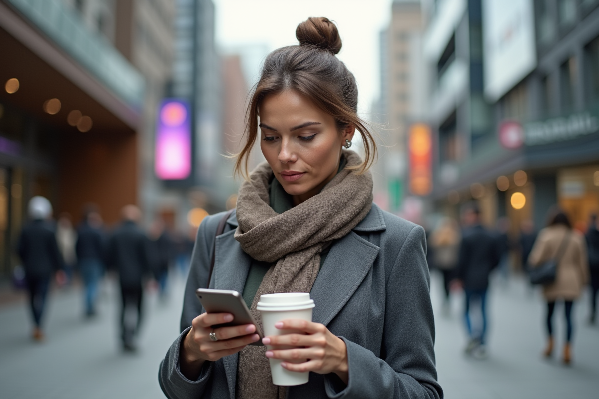Femme urbaine vérifiant les prévisions ETH sur smartphone