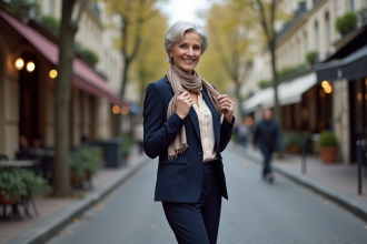 Femme élégante de 60 ans dans une rue parisienne