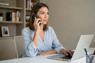 Femme au téléphone contacting le service client Darty depuis son bureau à domicile