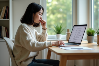 Jeune femme compare des sites de traduction sur son ordinateur