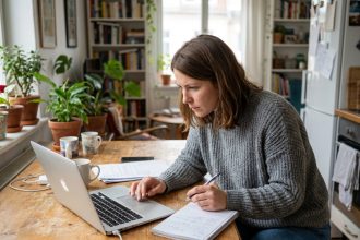 Femme concentrée travaillant sur son ordinateur dans un bureau à domicile