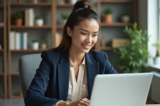 Jeune femme en télétravail dans un bureau moderne