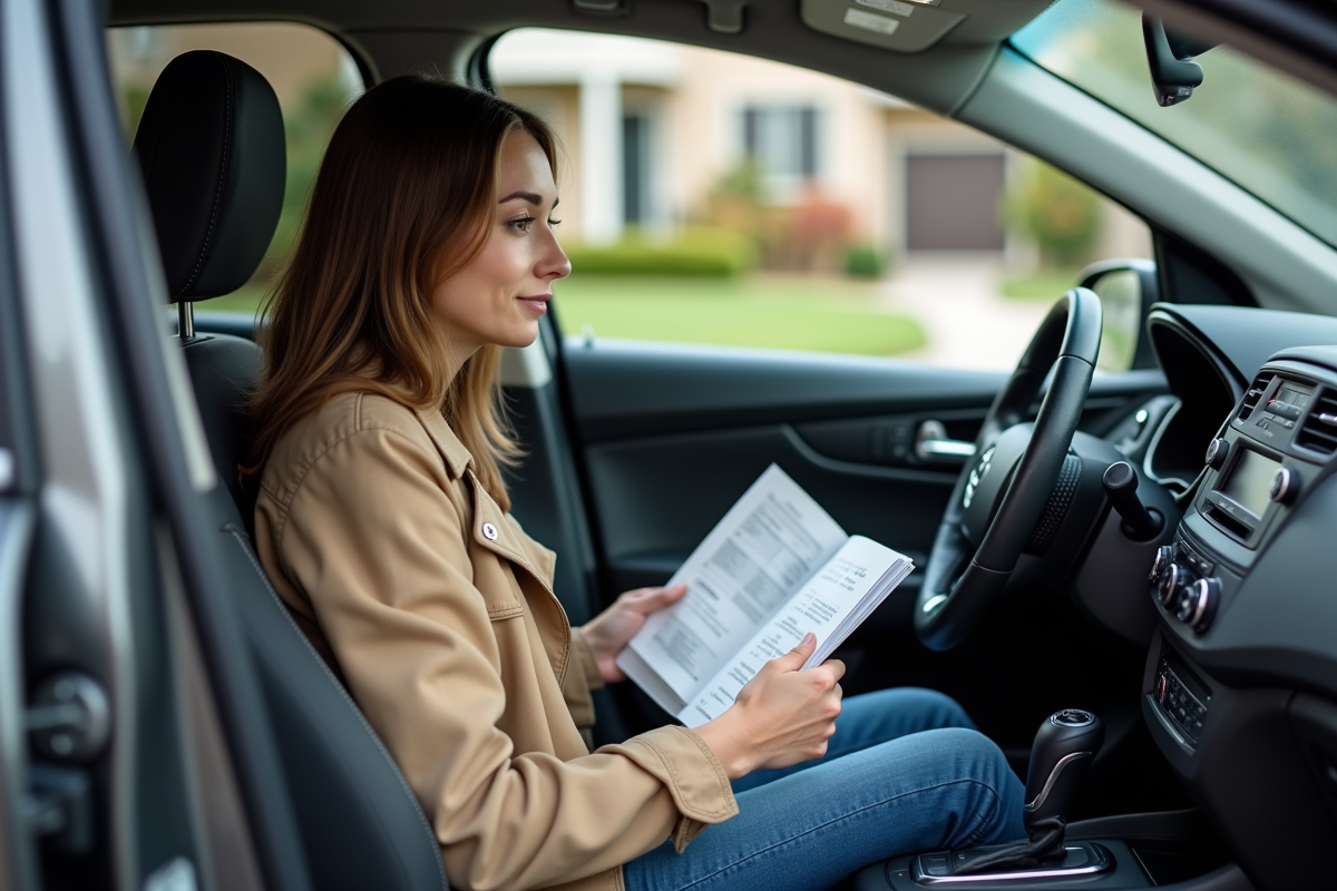 Jeune femme lisant un manuel dans une voiture