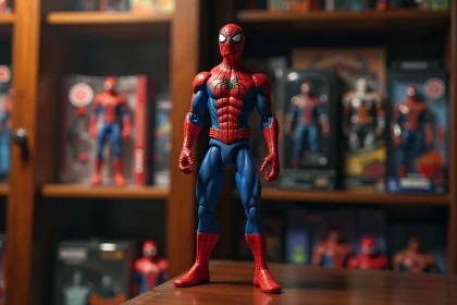 Figurine Spider-Man de collection posée sur une étagère de collectionneur Marvel avec d'autres figurines sous blister