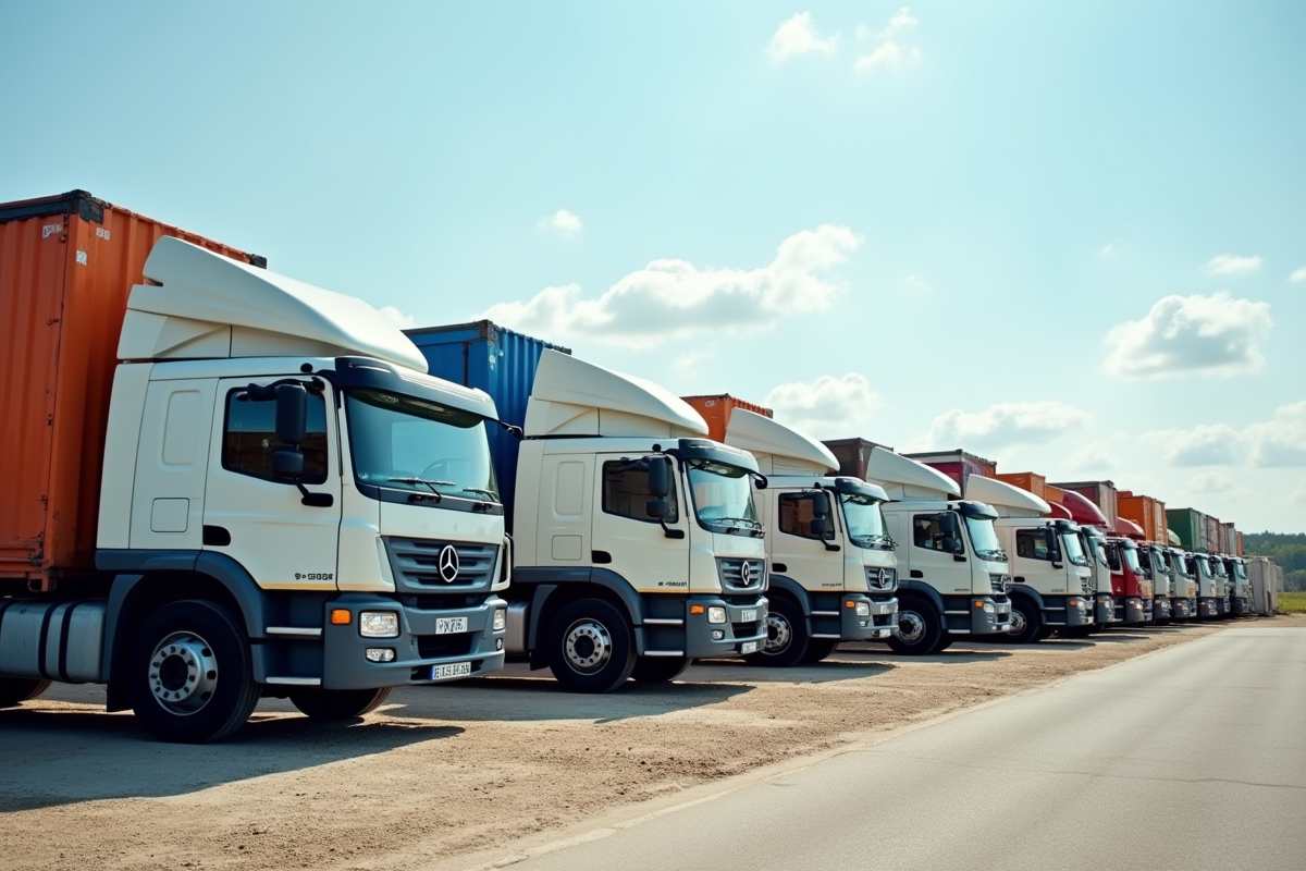 Flotte de camions à plancher mobile avec différents chargements en zone logistique