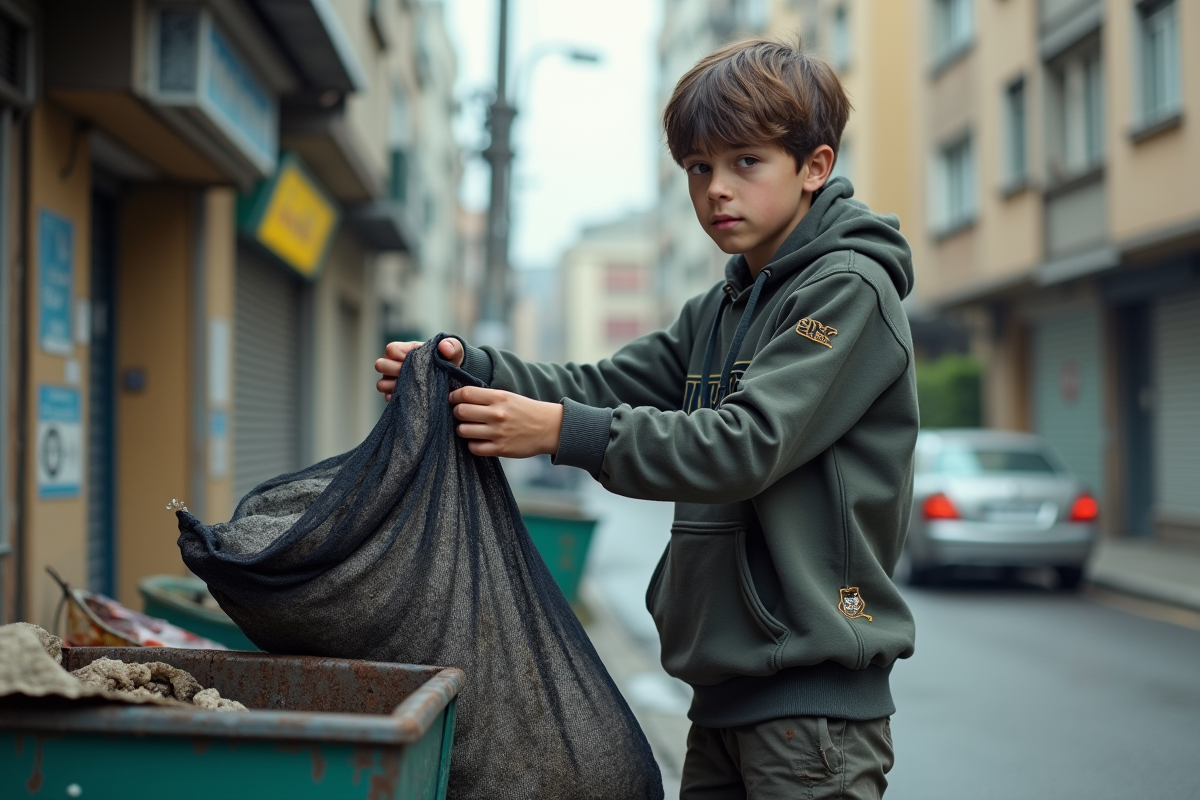 Adolescent jetant des vêtements sales dans un sac à linge dehors
