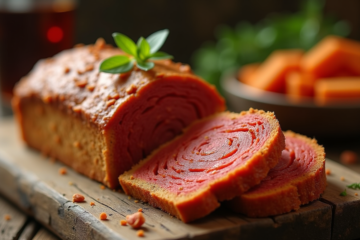Tranche de gâteau au chorizo sur une table en bois rustique