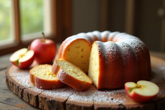 Gâteau aux pommes frais sur une table en bois rustique