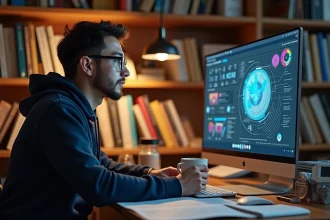 Jeune homme passionné de science regardant une vidéo éducative de type DNews sur son ordinateur dans un bureau maison rempli de livres scientifiques