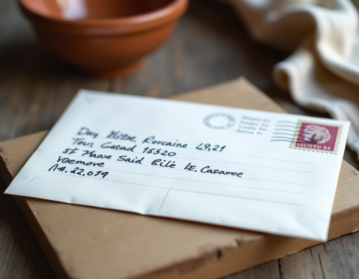 Gros plan d'une enveloppe postale manuscrite avec un lieu-dit, un code postal et une commune selon les normes d'adressage La Poste