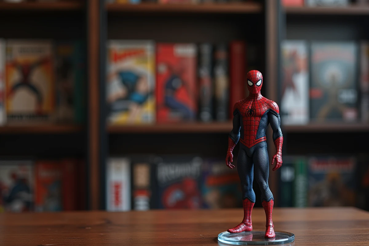 Gros plan sur une figurine Spider-Man premium en résine peinte sur un socle en verre dans un bureau de collectionneur