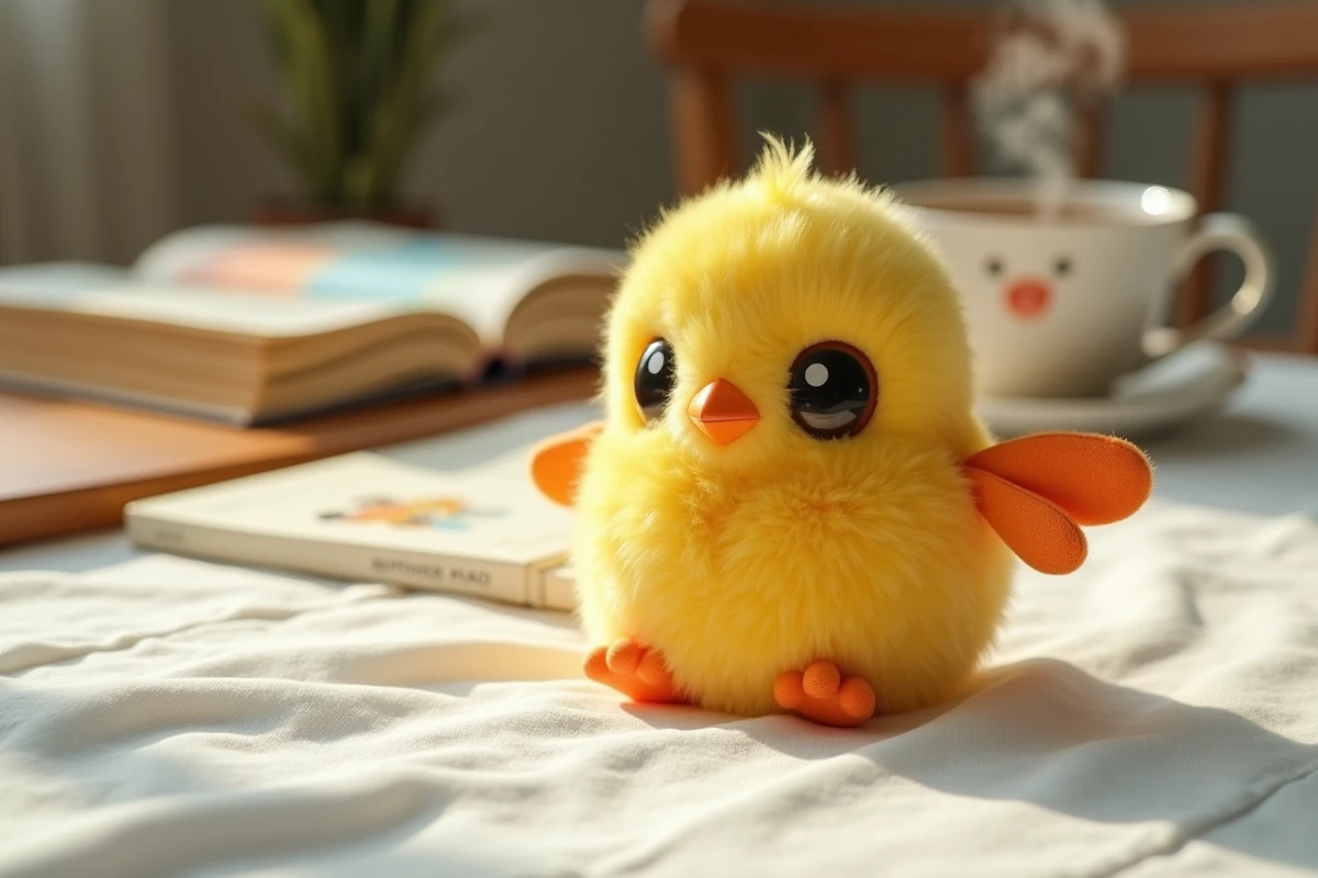 Gros plan sur la peluche Tchoupie montrant ses détails de tissu jaune et ses grands yeux ronds