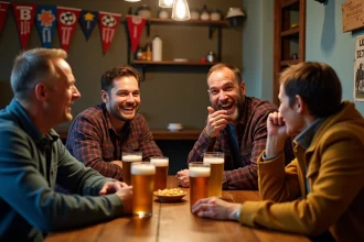 Groupe d'amis qui rient autour d'une table de bar lors d'une soirée décontractée, illustrant l'humour populaire et le second degré entre potes