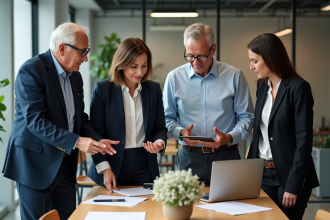 Groupe de collègues en discussion dans un bureau moderne