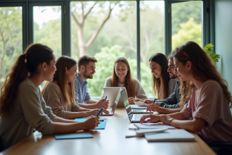 Groupe d'étudiants divers étudiant ensemble à une table lumineuse