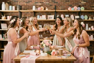 Groupe de femmes en EVJF portant des écharpes de mariée, trinquant avec des coupes de champagne dans un atelier festif décoré