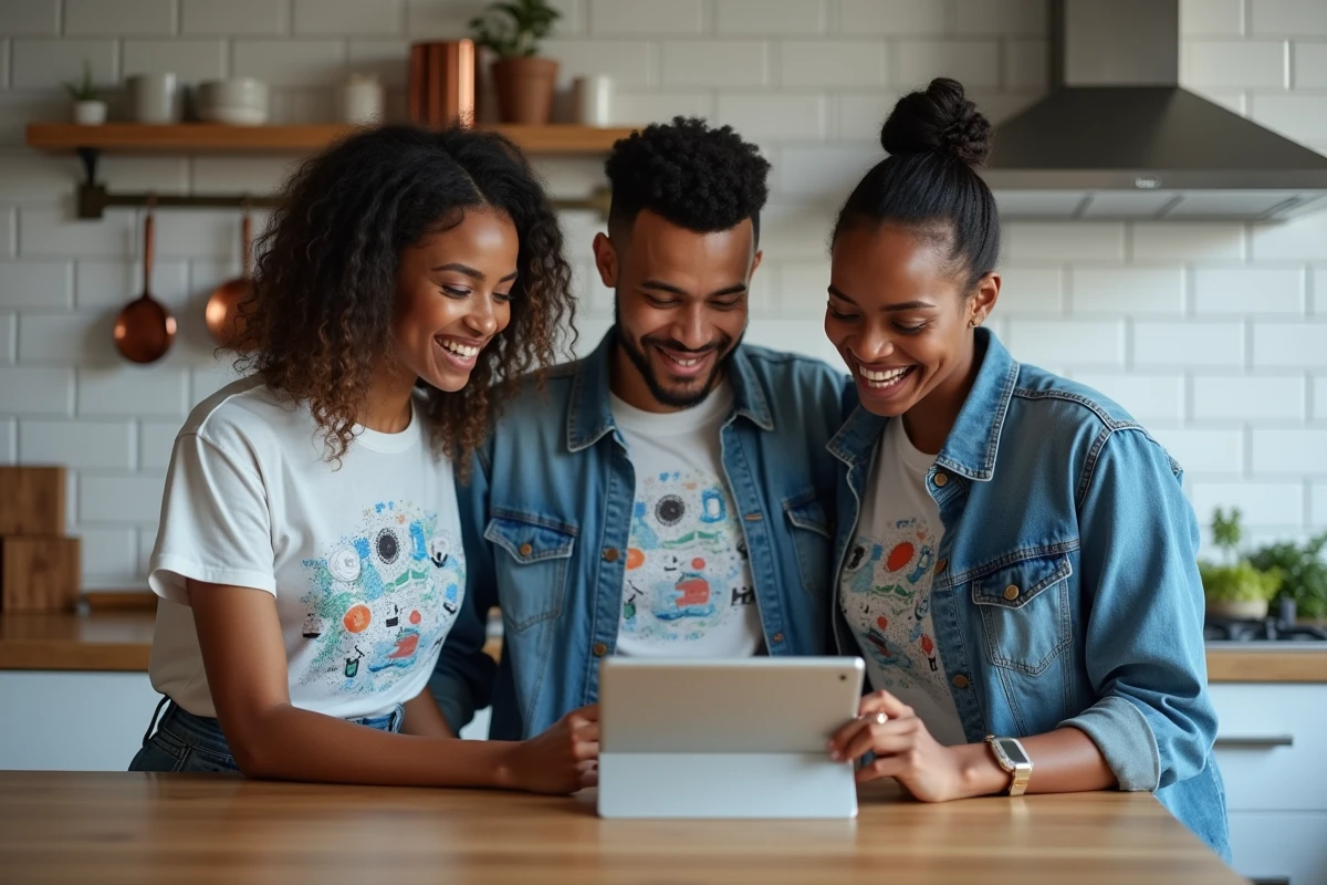 Groupe d'adultes passionnés de science regardant ensemble une vidéo scientifique sur une tablette dans une cuisine moderne