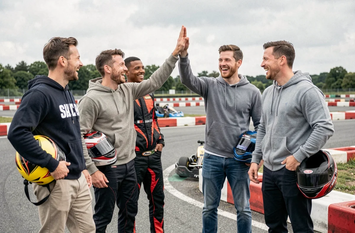 Groupe d'hommes en EVG portant des combinaisons de karting, célébrant après une course sur un circuit extérieur