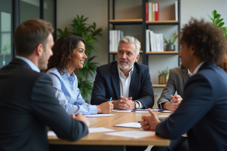 Groupe de professionnels en réunion dans un bureau moderne