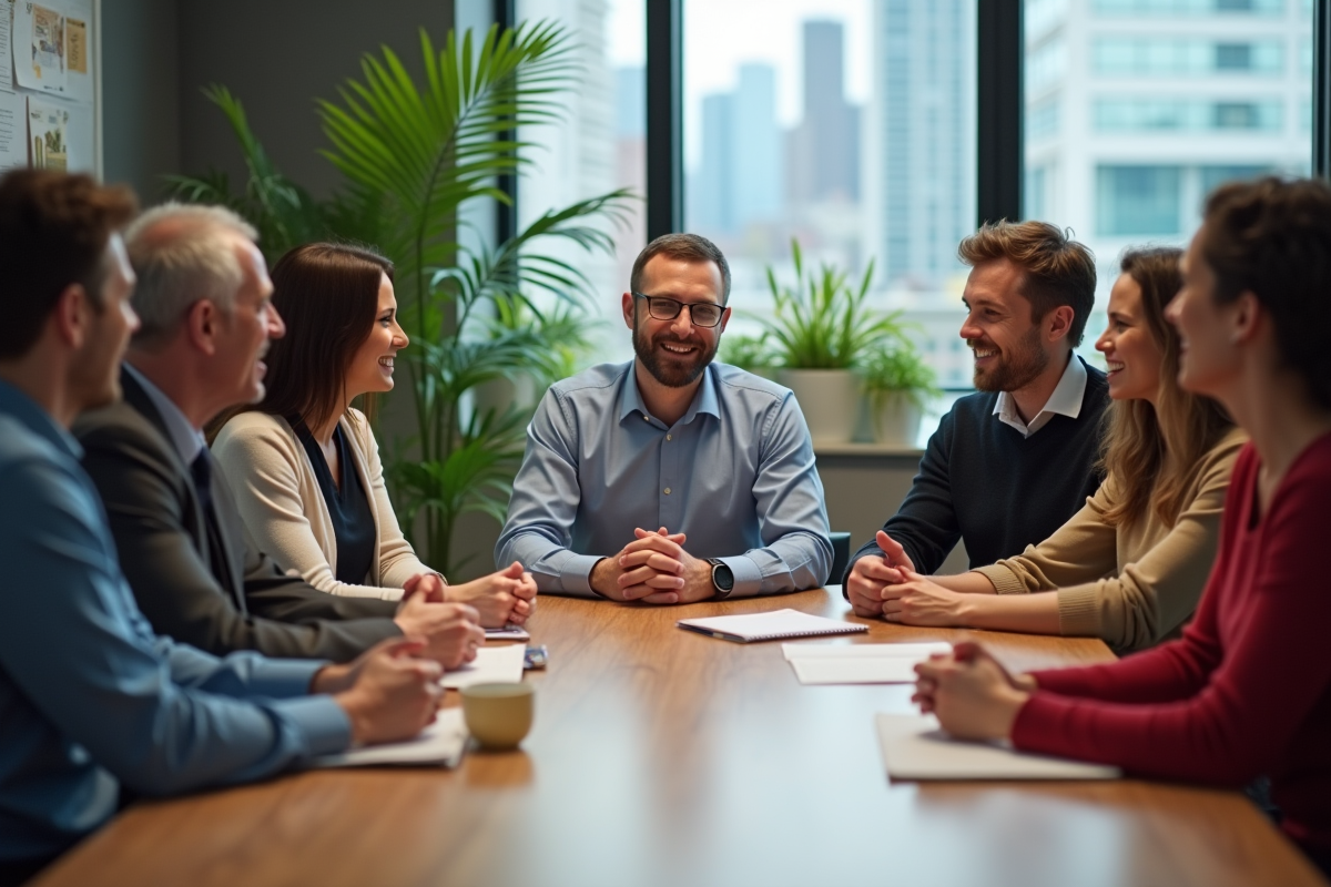 Groupe diversifié en réunion dans un bureau moderne