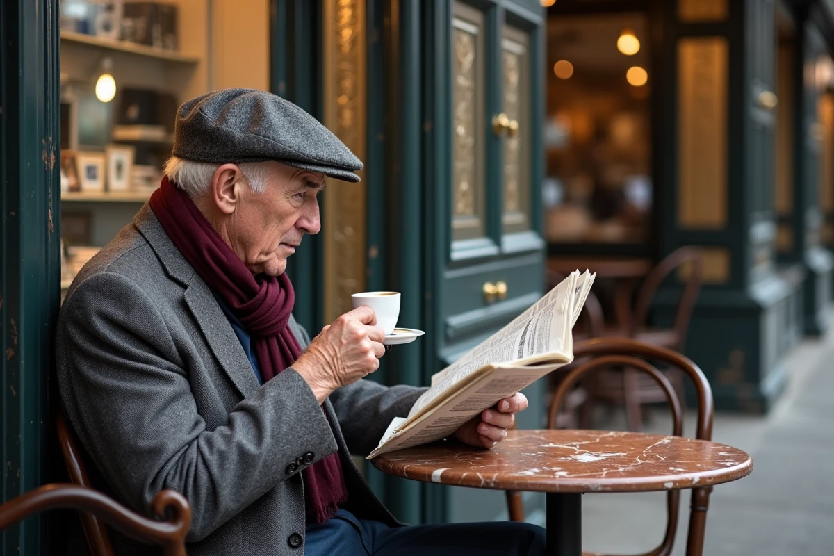 Homme âgé lisant son journal à la terrasse d'un café dans un passage couvert parisien, atmosphère documentaire et authentique