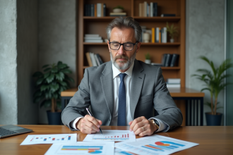 Homme d'âge moyen en costume gris analysant des graphiques d'investissement
