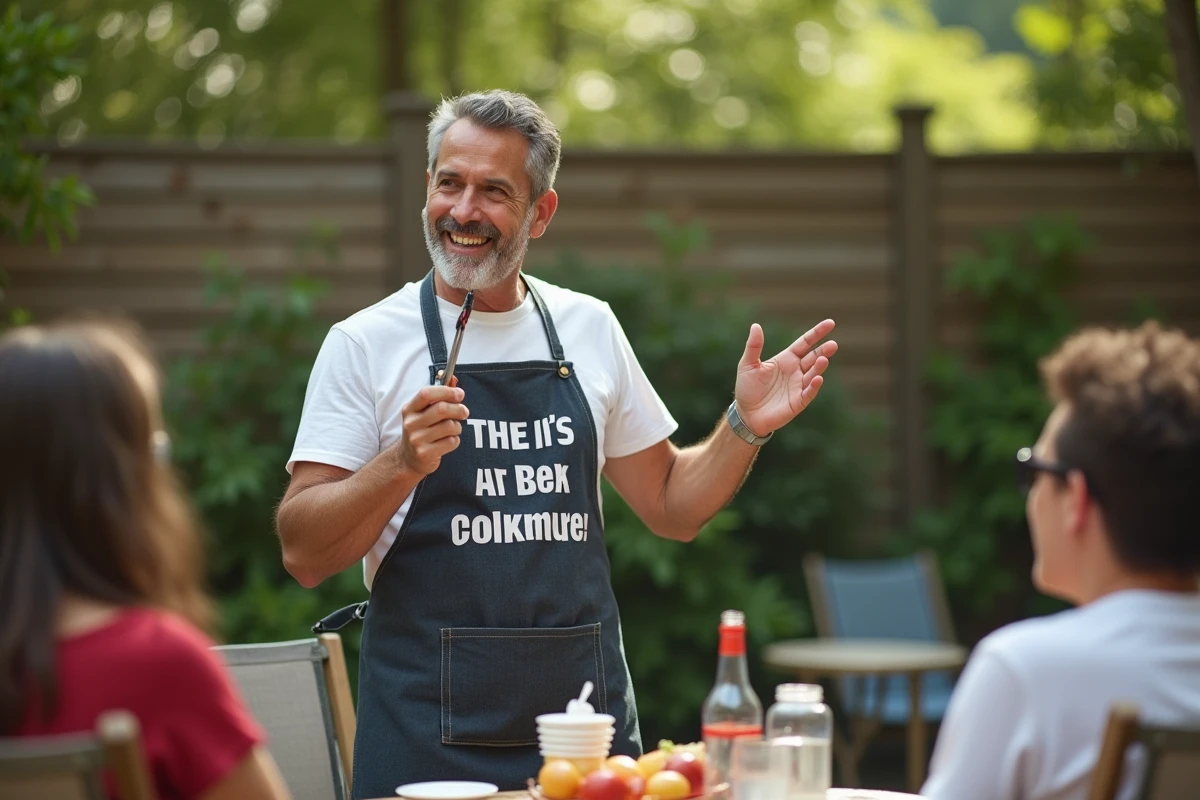Homme faisant une blague au barbecue entre amis lors d'un repas estival en jardin, incarnant l'humour décalé et bon enfant du second degré