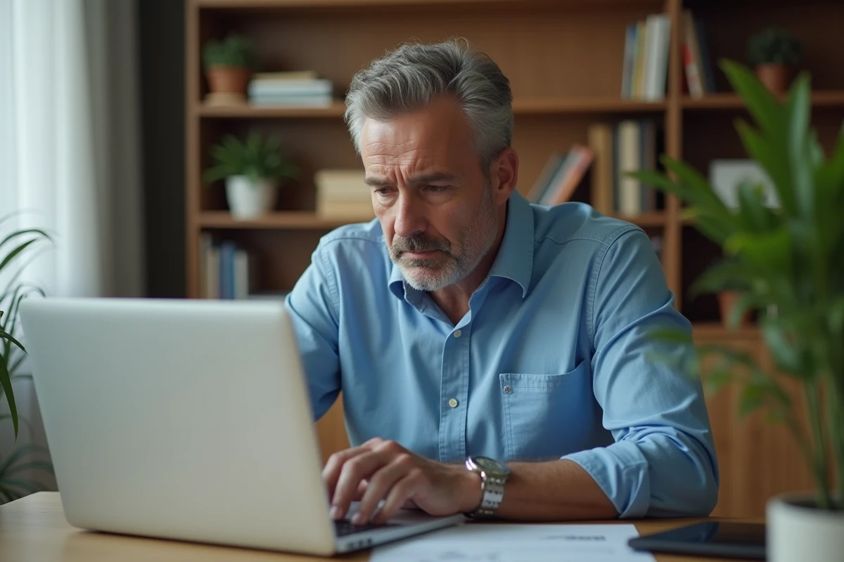 Homme d'âge moyen concentré sur son ordinateur dans un bureau moderne