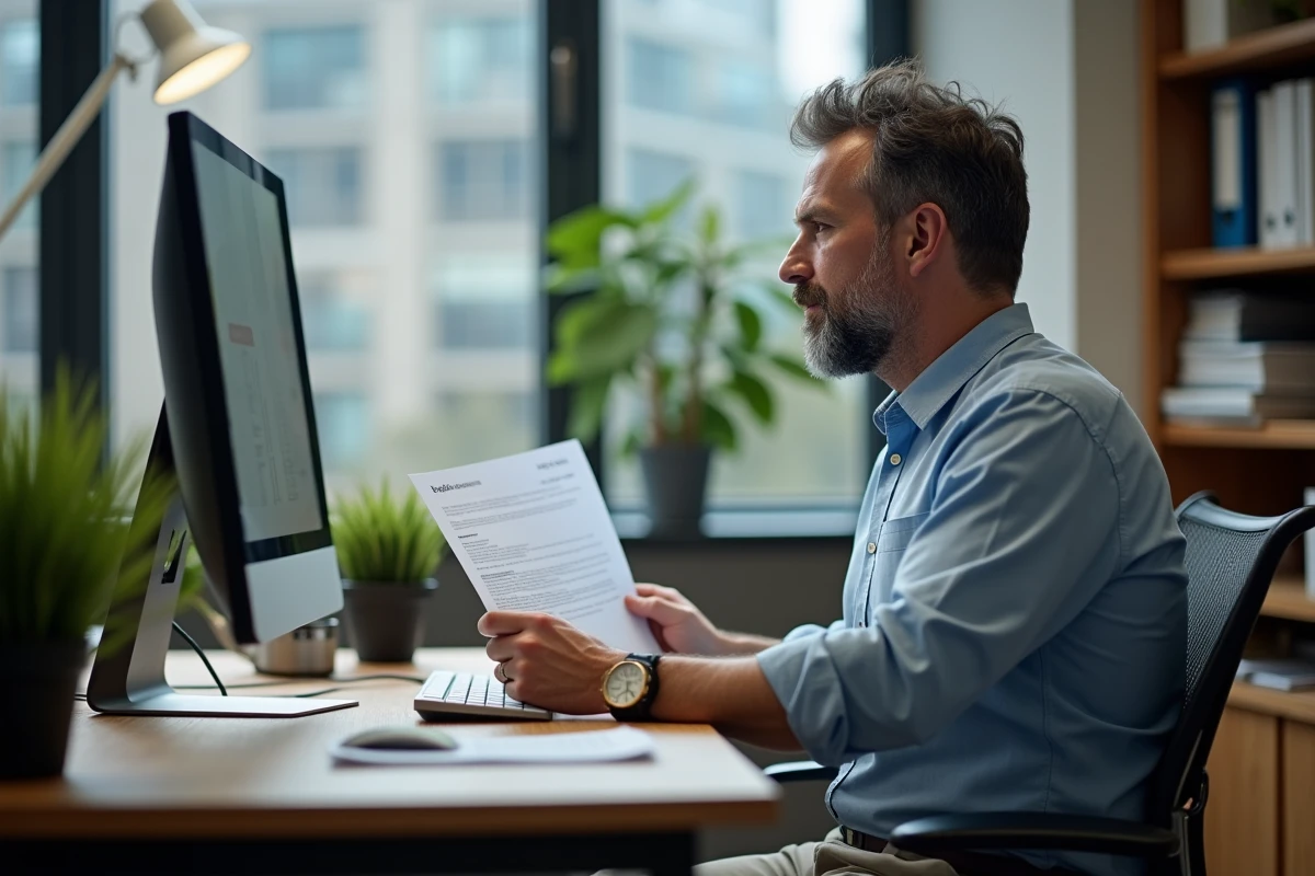 Homme au bureau parlant au téléphone et regardant une facture