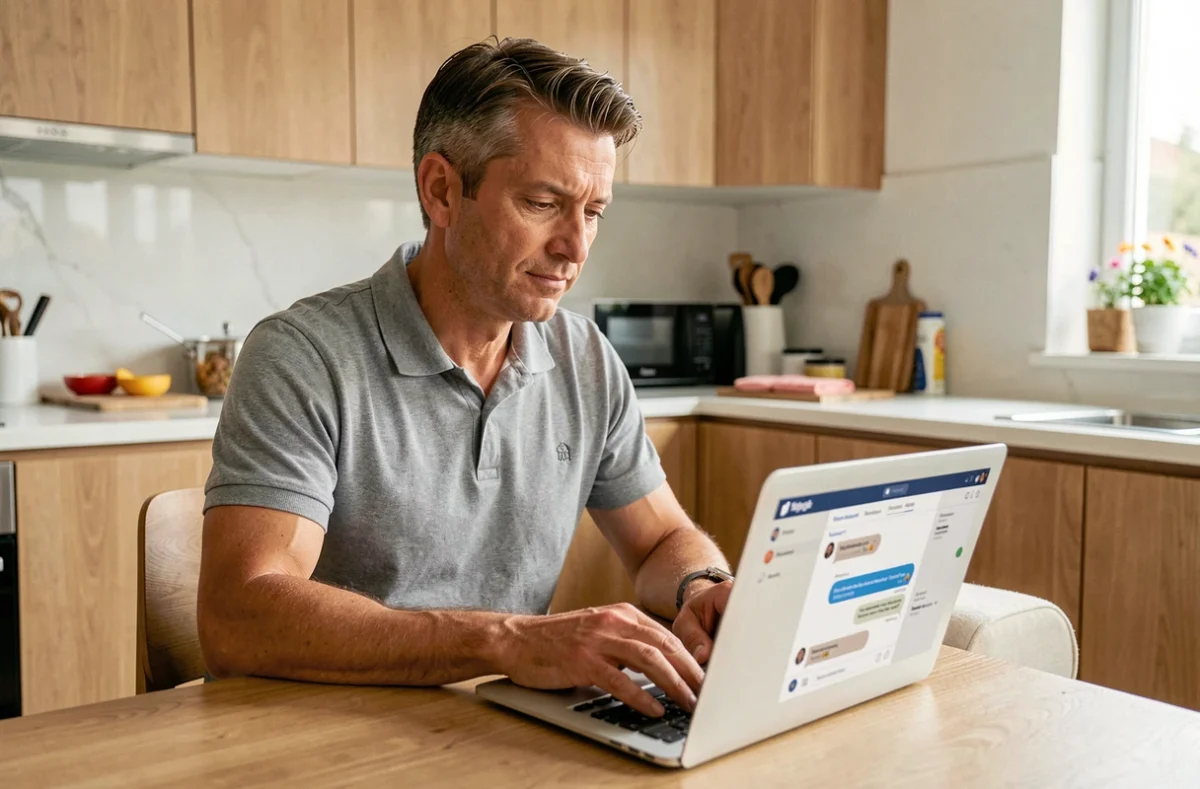 Homme utilisant le chat en ligne pour contacter le service client Darty depuis sa cuisine