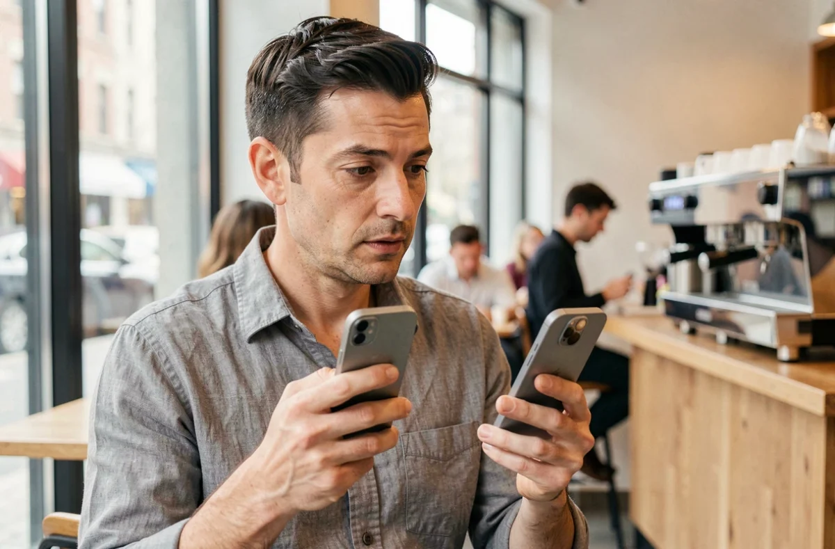 Homme tenant un iPhone original et un iPhone récent dans ses mains dans un café urbain, comparant l'évolution du design et des fonctionnalités des smartphones Apple