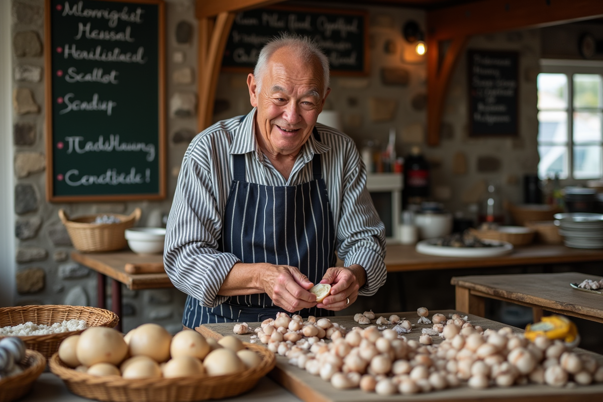 Homme âgé écaillant des coquillages au marché