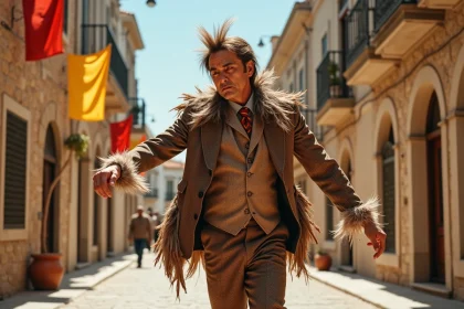 Homme en costume flamboyant posant dans une rue ensoleillee