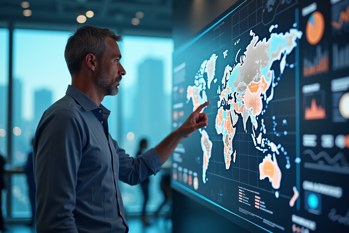 Homme en entreprise explore une carte interactive des langues