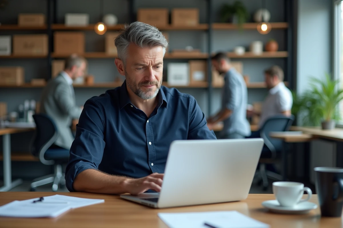 Homme en bureau consultant un email d'alerte de suivi de colis GLS sur son ordinateur portable