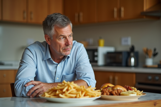 Homme d'âge moyen mangeant fast food dans la cuisine