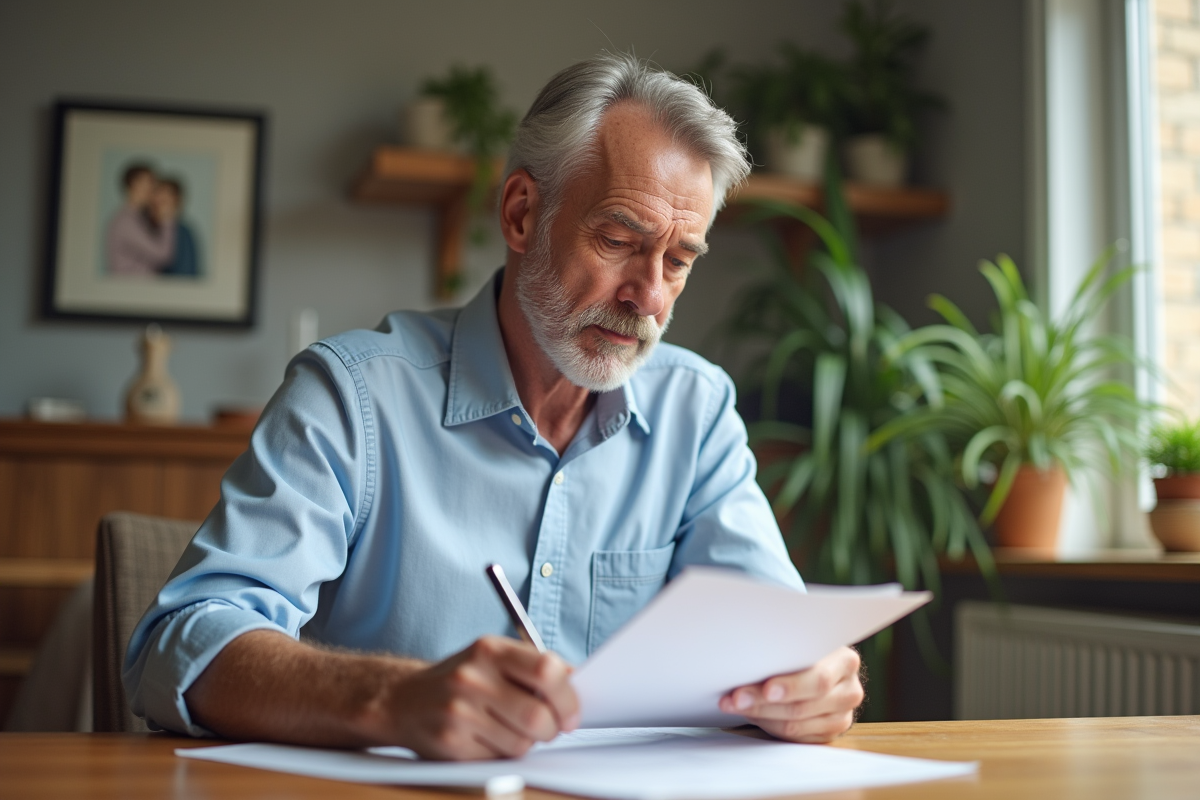 Homme d'âge moyen analysant des documents financiers à la maison