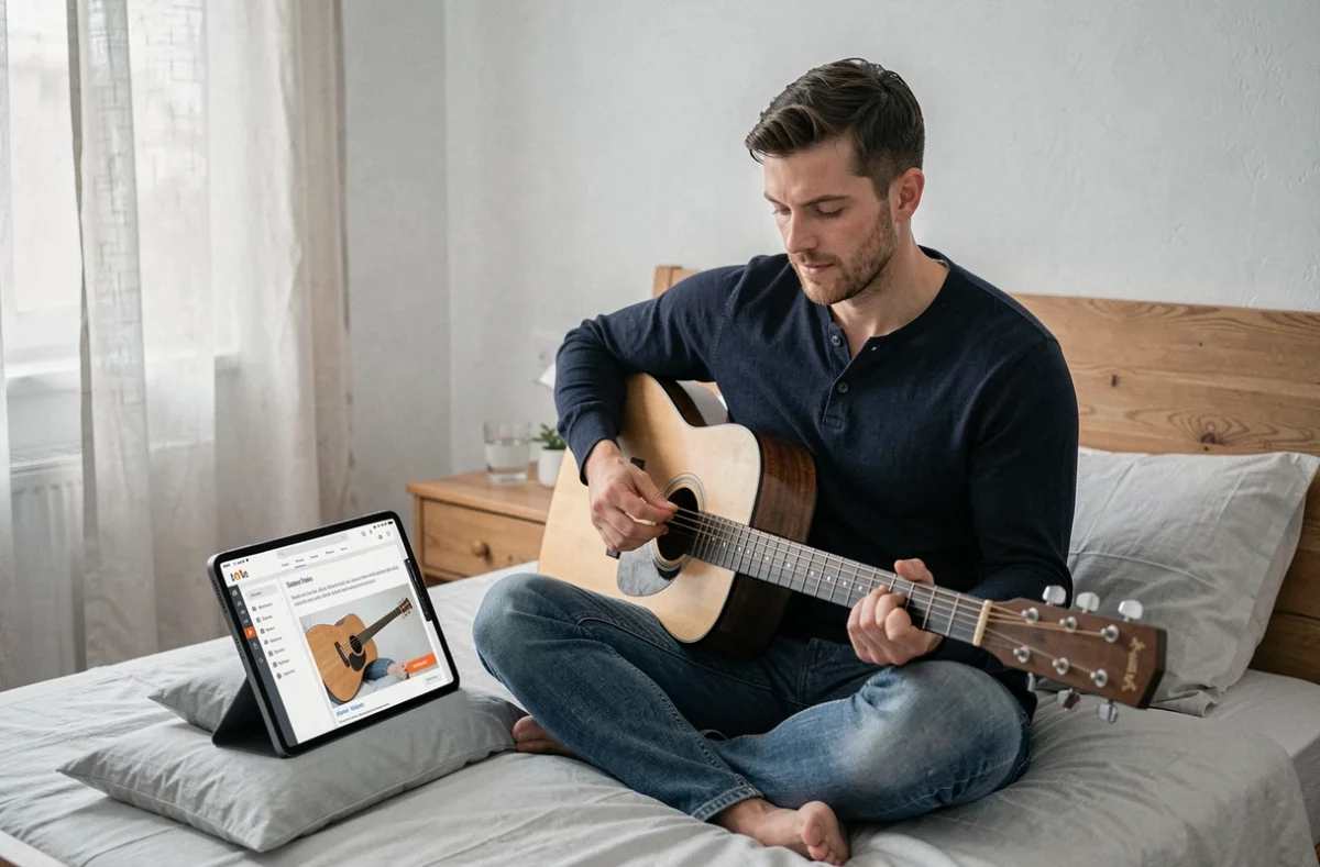 Homme apprenant les accords de Petite Marie de Francis Cabrel sur tablette dans une chambre minimaliste avec une guitare acoustique