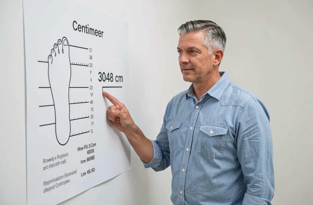 Homme expliquant une infographie murale de conversion entre pieds et centimètres avec annotations chiffrées